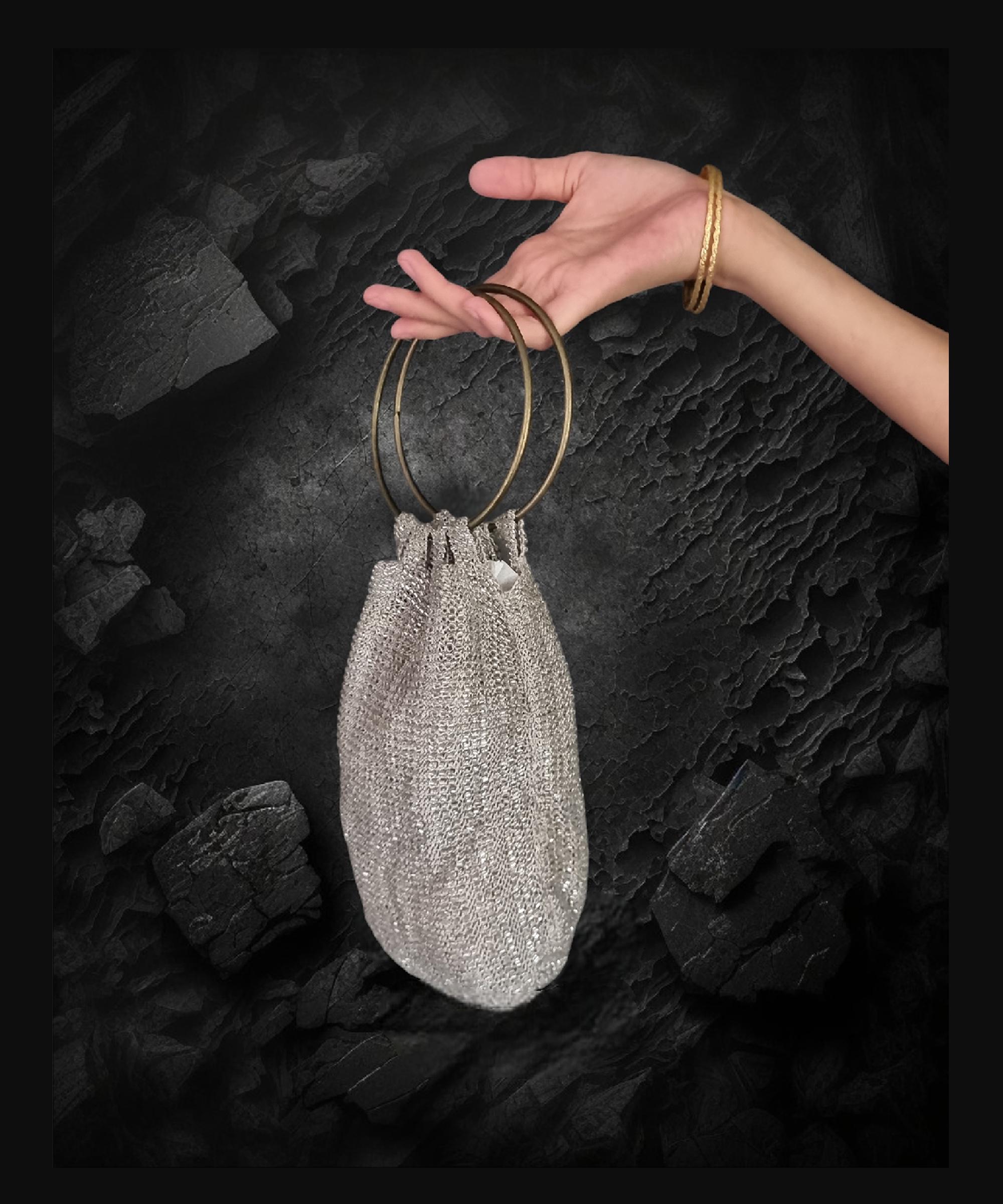 Beaded Crochet Bag, Vintage Silver Wristlet, Drawstring