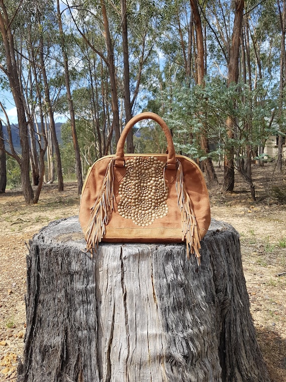 Brown Cross Body Bag Vegan Suede Leather Boho Embroidery Fringe