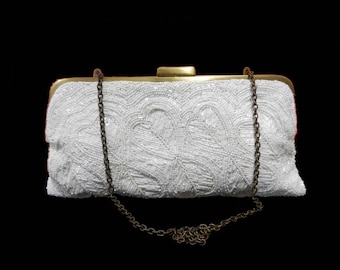 Beaded Bridal Clutch, White Pearl Clutch Purse, Art Deco Wedding Bag, Gold Clasp Vintage Bride Purse, White Wedding Clutch, Ivory Bride Bag