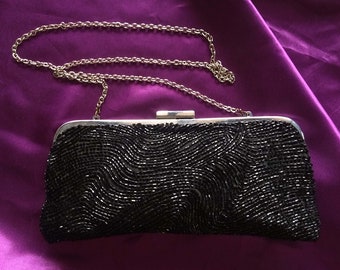 90s Beaded Black Clutch: Elegant Evening Bag with Chain