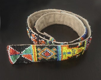 Hand Beaded Mexican Belt, Unique Crochet Embroidery Belt, Colourful Pattern Mexican Style Geometric Belt, Rainbow Bead Buckleless Belt