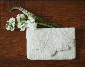 Art Deco Hochzeit Clutch, Elfenbein Braut Tasche, weiße Perle Perle Brauttasche, Couture Brauttasche, Brautgeschenk