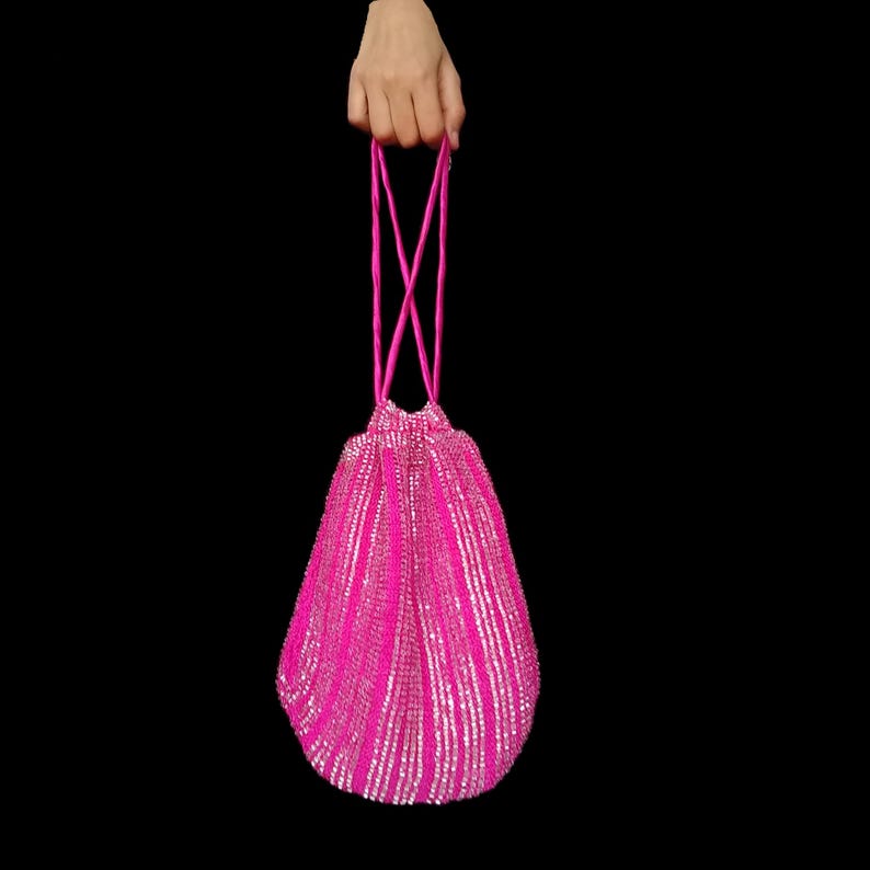 Perlen Häkeltasche, Vintage Silber Handtasche, Abendtasche, Kordelzug Abendtasche, Hochzeit Accessoire, Mutter der Braut Handtasche Hot Pink