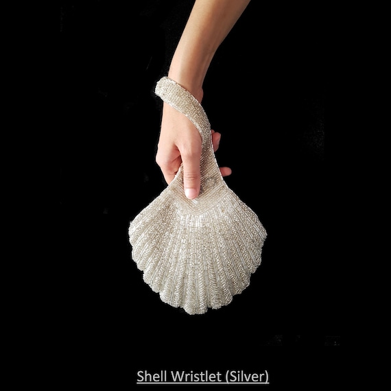 Bridal Clutch, Wedding Clutch, Shell Shaped Beaded Wristlet,Couture Silver Bead Bag,Art Deco Bride Purse,Designer Statement Piece