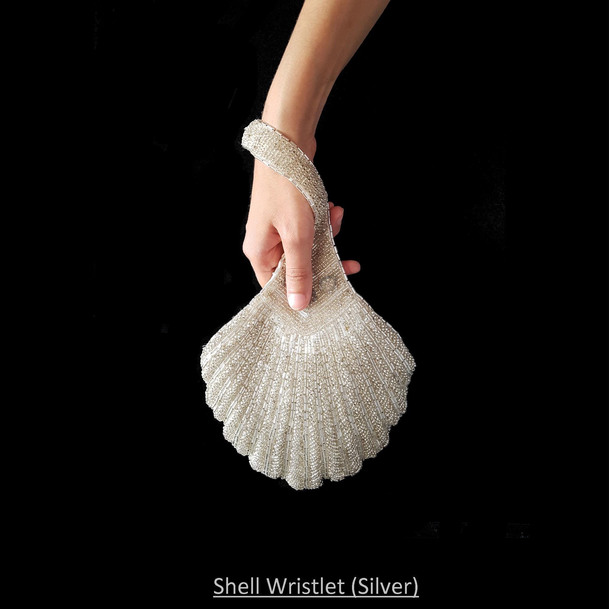 Bridal Clutch, Wedding Clutch, Shell Shaped Beaded Wristlet,Couture Silver Bead Bag,Art Deco Bride Purse,Designer Statement Piece