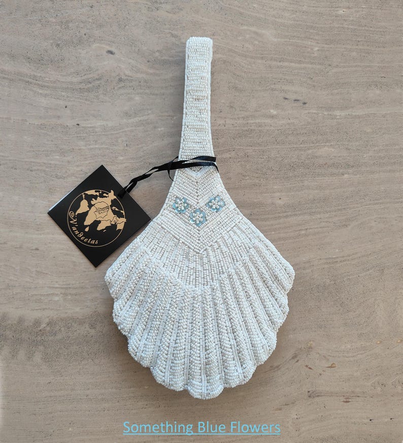 Bridal Clutch, Wedding Clutch, Shell Shaped Beaded Wristlet,Couture Silver Bead Bag,Art Deco Bride Purse,Designer Statement Piece Something Blue-White