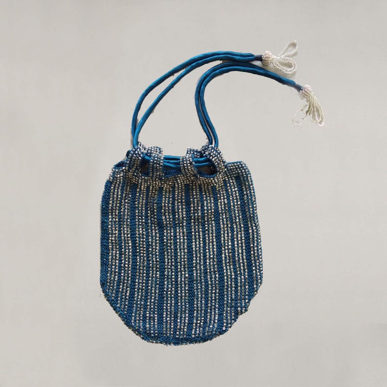 Perlen Häkeltasche, Vintage Silber Handtasche, Abendtasche, Kordelzug Abendtasche, Hochzeit Accessoire, Mutter der Braut Handtasche Blau