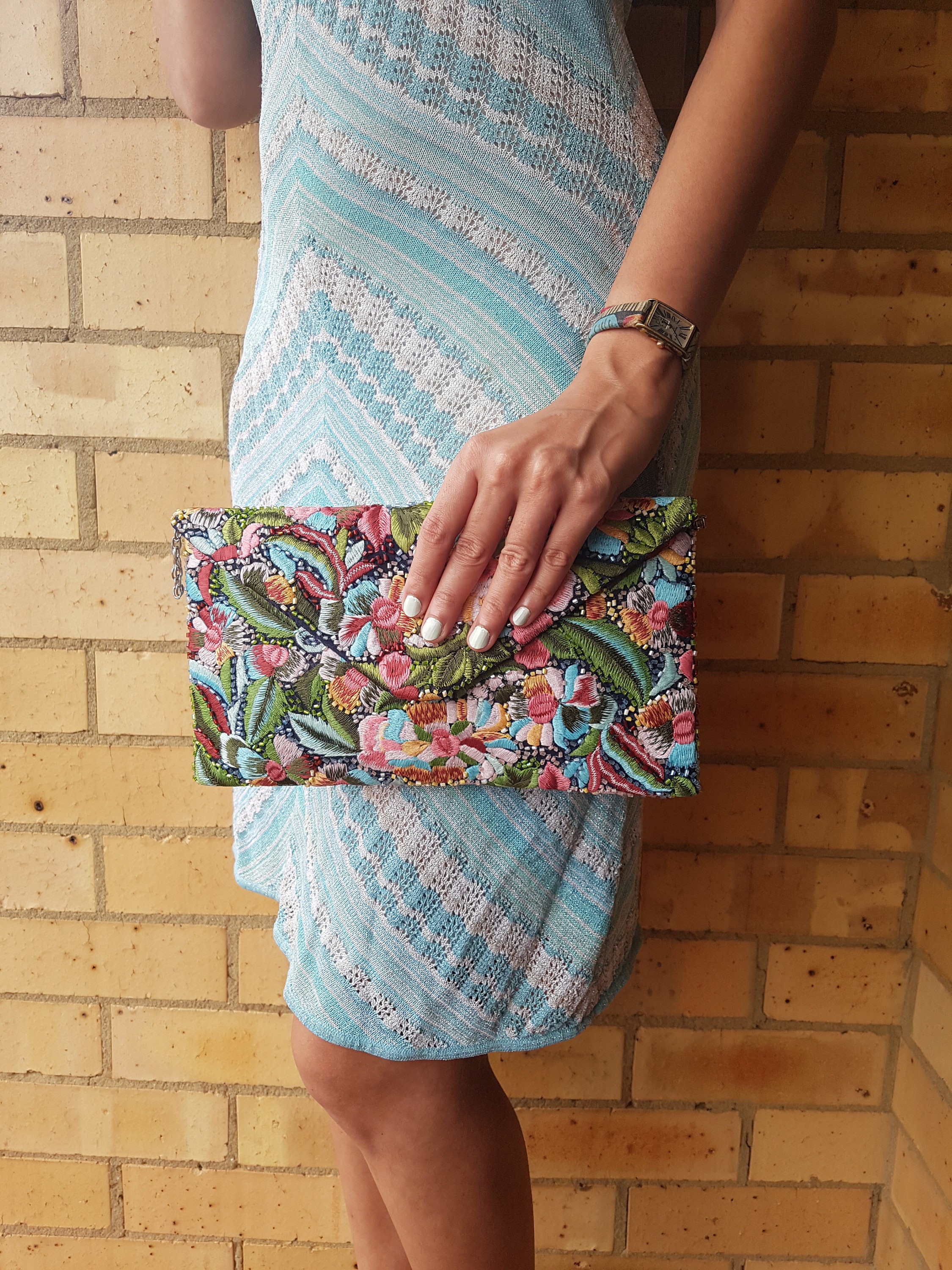 [OVEOF] Flower Embroidered Bag ★すぐ品切れ★ Iris Flower Envelope Clutch, Beaded Pastel Green Clutch