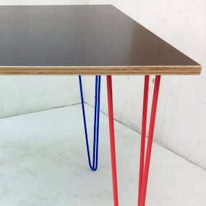 Dark Brown Bakelite Ply HAIRPIN LEG Table with Any Colour Legs, Custom Industrial Style Desk