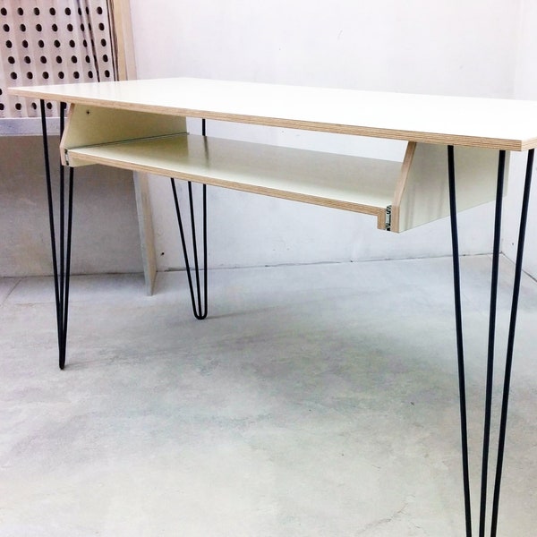 PIANO-DRAWER Desk with Hairpin Legs and out of Painted Ash Veneered Plywood, Studio Desk, Customisation