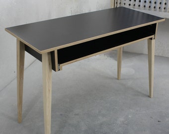 PIANO DRAWER Desk with wooden legs and dark brown laminated plywood top, Custom sound recording studio stand