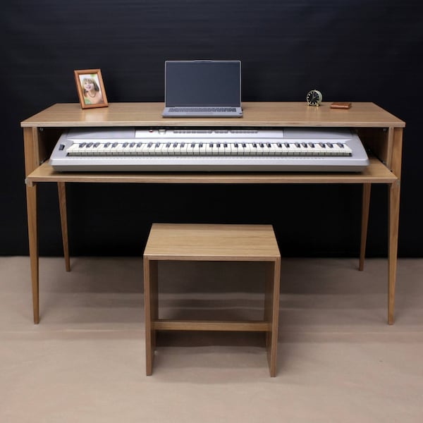 Digital PIANO DESK with front cover, Custom wood furniture, Oak veneered plywood and solid wood