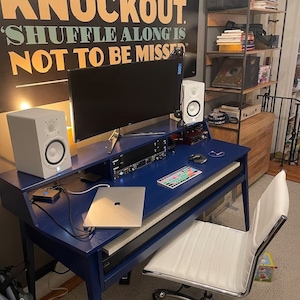 Blue piano drawer desk with monitor stand, cable storage and wooden legs, Custom music studio workstation, Plywood furniture