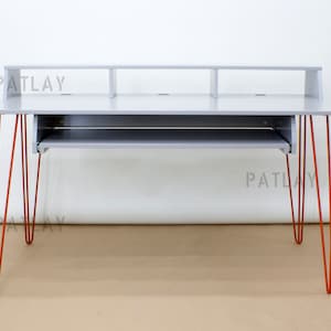 PIANO-DRAWER Desk with Gray Painted Plywood Top and Orange Hairpin Legs, Custom Recording Studio Desk, Customisation