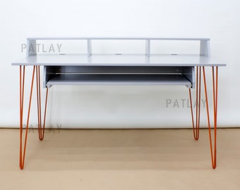 PIANO-DRAWER Desk with Gray Painted Plywood Top and Orange Hairpin Legs, Custom Recording Studio Desk, Customisation