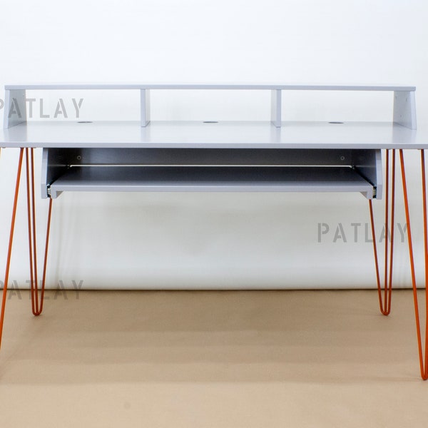 PIANO-DRAWER Desk with Gray Painted Plywood Top and Orange Hairpin Legs, Custom Recording Studio Desk, Customisation