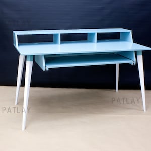 Blue-White piano desk with keyboard tray and display rack, Plywood studio workstation, Customization