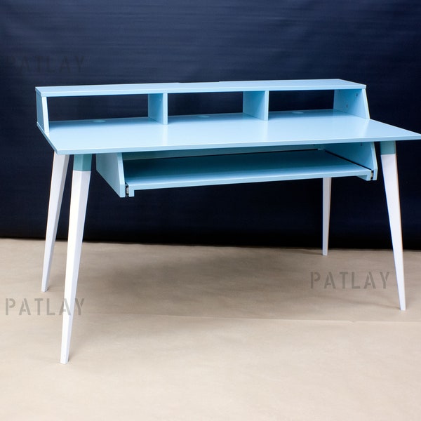 Blue-White piano desk with keyboard tray and display rack, Plywood studio workstation, Customization