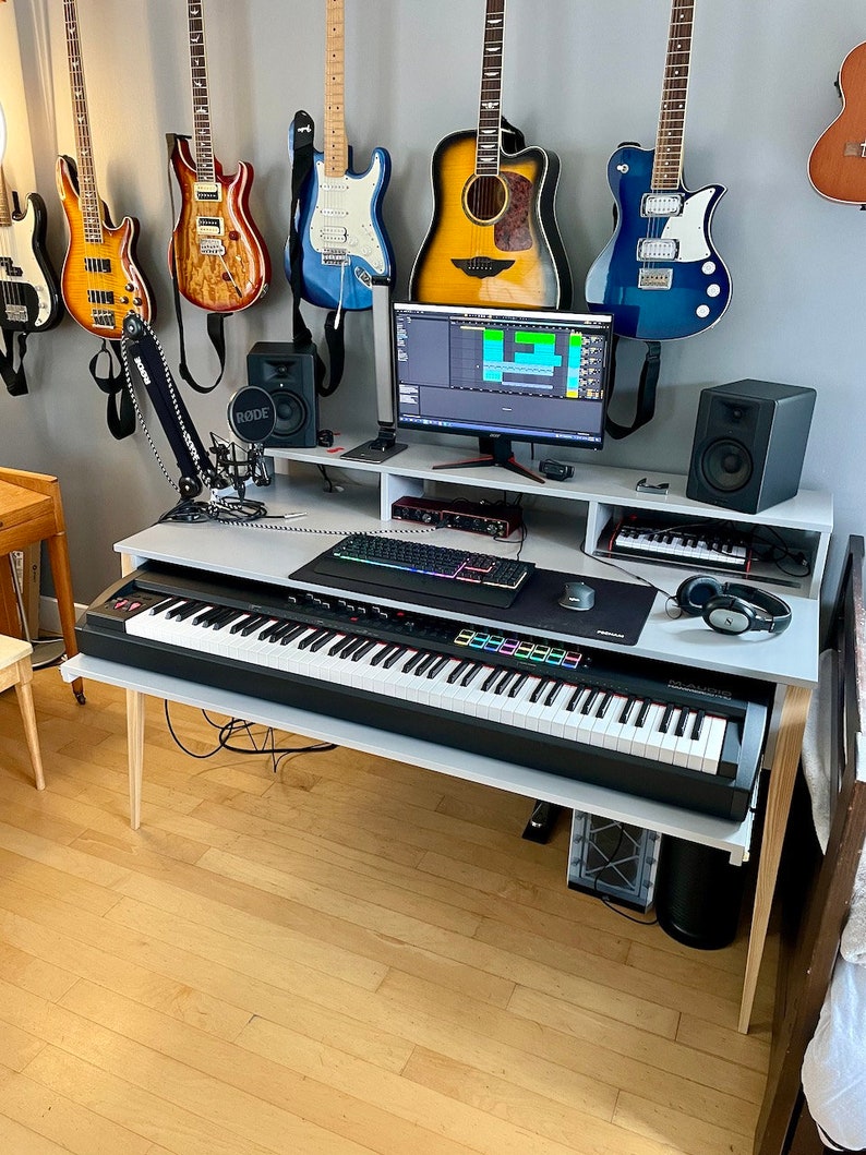 Piano keyboard desk with a monitor stand, Music Studio Rack Desk, Plywood Furniture, Customization image 3