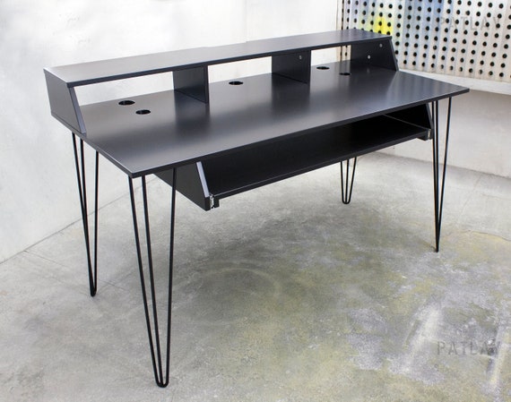 Black Piano Desk With Hairpin Legs and Display Rack Custom Sound