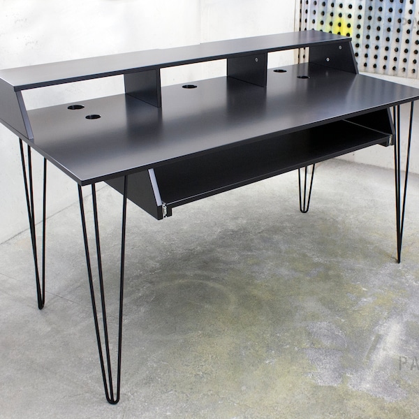 Black piano desk with hairpin legs and display rack, Custom sound recording studio plywood furniture
