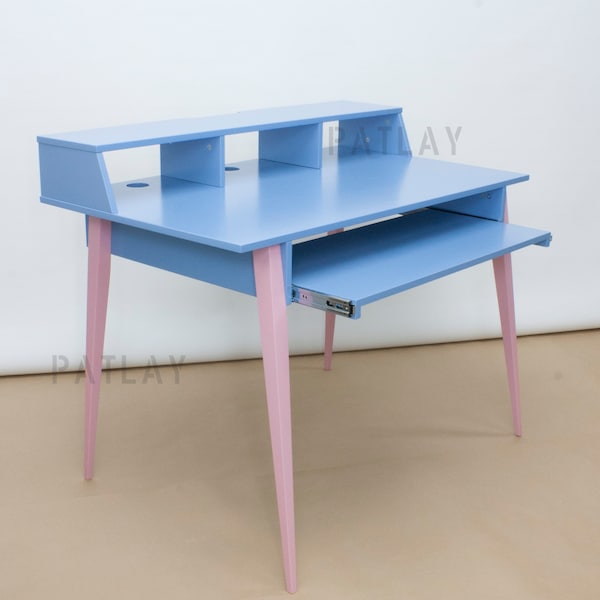 Pink and blue piano desk with monitor stand, Custom musical studio plywood furniture