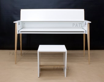 Piano keyboard stand with a stool, Piano shell and bench, Custom wood furniture, White and natural wood