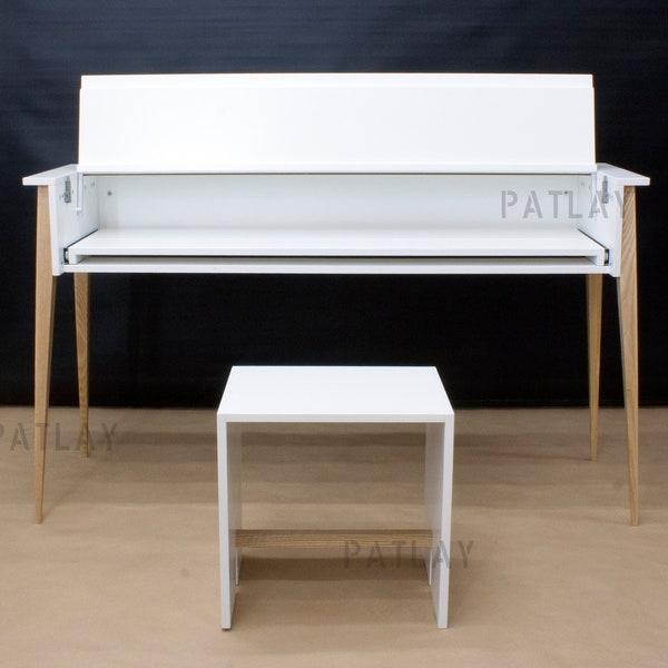 Piano keyboard stand with a stool, Piano shell and bench, Custom wood furniture, White and natural wood