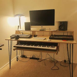 Studio Desk with Painted Hairpin Legs, Custom Piano Desk, Plywood Furniture