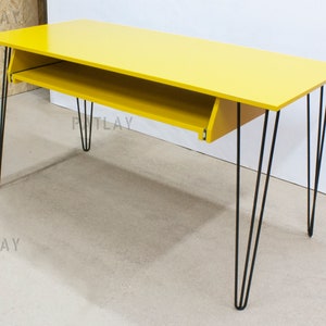 PIANO-DRAWER Desk with Yellow Painted Plywood Top and Black Hairpin Legs, Custom Recording Studio Desk, Customisation