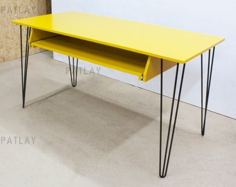 PIANO-DRAWER Desk with Yellow Painted Plywood Top and Black Hairpin Legs, Custom Recording Studio Desk, Customisation