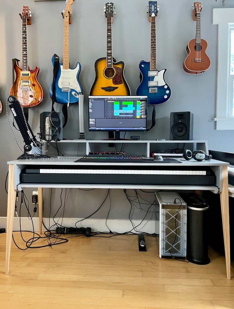 Piano keyboard desk with a monitor stand, Music Studio Rack Desk, Plywood Furniture, Customization image 1