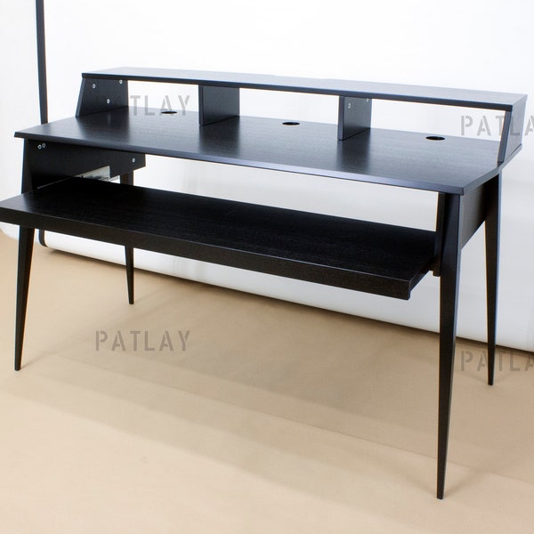 Black Ash Veneered PIANO-DRAWER Desk with monitor stand and wooden legs, Custom Studio Desk, Customisation