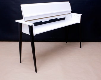 White piano stand with a cover and black wooden legs, Keyboard stand desk, Custom size color wood