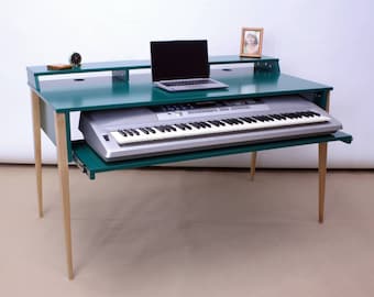 PIANO DESK with monitor stand, Handmade furniture, Birch plywood, Ash solid wood, Custom opal green music stand