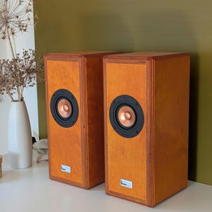 May include: Two rectangular wooden speakers with a light brown finish and vertical grooved edges. Each speaker features a central circular black driver with a metallic copper-colored cone and a small rectangular silver logo plate at the bottom.