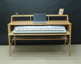 Music studio desk with display rack, Custom wood furniture, Piano stand