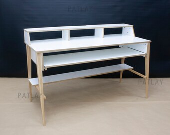 Studio desk with keyboard tray, display stand and shelf, Custom studio table, 88 keys stand, 3U rack, Plywood Furniture