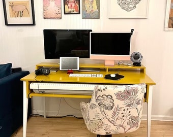 Studio desk with monitor stand, Handmade furniture, Birch plywood, Ash solid wood, Custom music stand