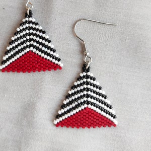 striking large red black -  white striped drop earrings - glass bead jewelry handmade