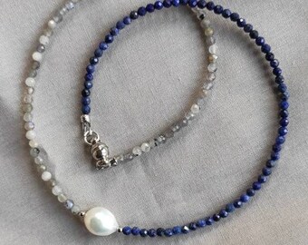 delicate blue-silver-grey necklace made of faceted stone beads lapis lazuli and labradorite