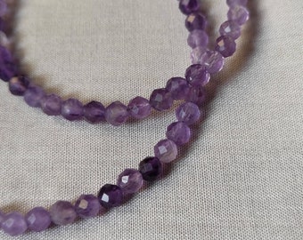 faceted amethyst beaded necklace of faceted 4mm beads with 18k gold plated brass