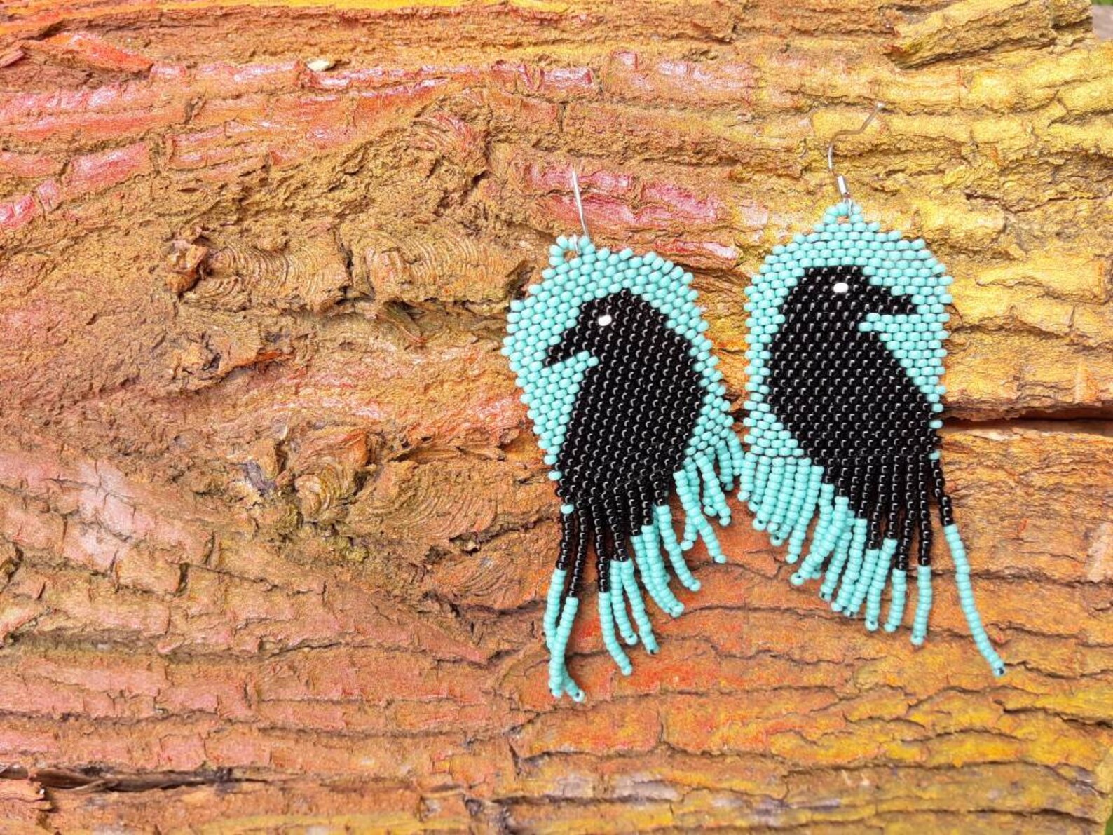 Raven earrings seed beaded fringe earrings bird earrings Etsy