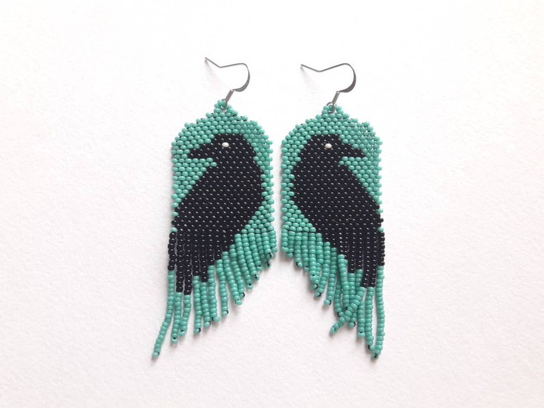Raven Earrings Seed Beaded Fringe Earrings Bird Earrings Etsy