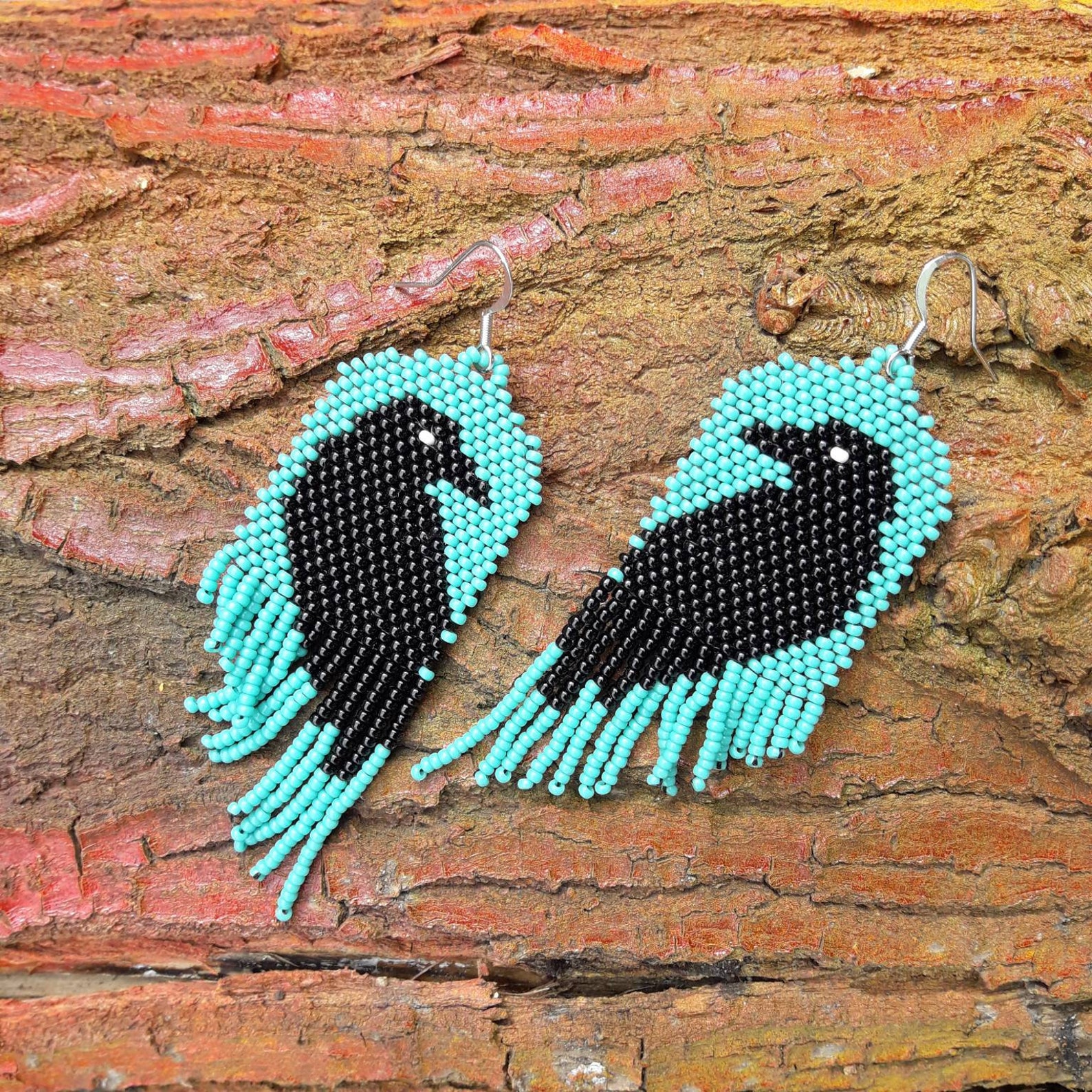 Raven Earrings Seed Beaded Fringe Earrings Bird Earrings Etsy