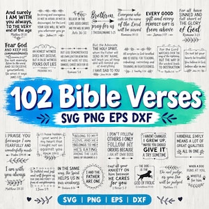 May include: A digital collection of 102 Bible verses presented as black text on a white background, featuring various typographic styles, decorative floral elements, and arrows. The central text reads 102 Bible Verses SVG PNG EPS DXF.