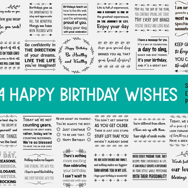 24 wensen voor verjaardag, vrienden en familie, Happy Birthday Quotes Sayings set Bundel, SVG, png, dxf, EPS10, jpeg. Bestanden knippen, commercieel gebruik