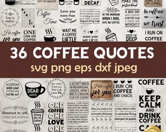 Può includere: Una collezione digitale di 36 disegni grafici in bianco e nero a tema caffè, con varie tipografie, illustrazioni di tazze da caffè e citazioni umoristiche, presentati in una griglia con un banner marrone contenente del testo.