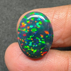 May include: Oval-shaped black opal gemstone with vibrant flashes of color. The opal displays a dark base with internal iridescence, showcasing green, red, orange, and blue hues. The polished surface reflects light, highlighting the gemstone's unique play-of-color.