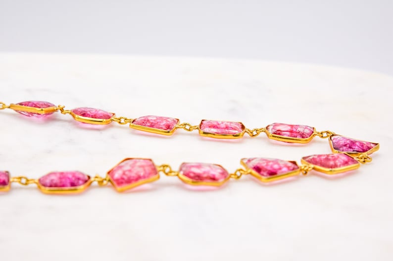 Pink Tourmaline Gemstone Necklace Gold Plated Sterling Silver